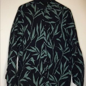 Mens H&M Navy Bamboo Leaf Print Cotton Shirt